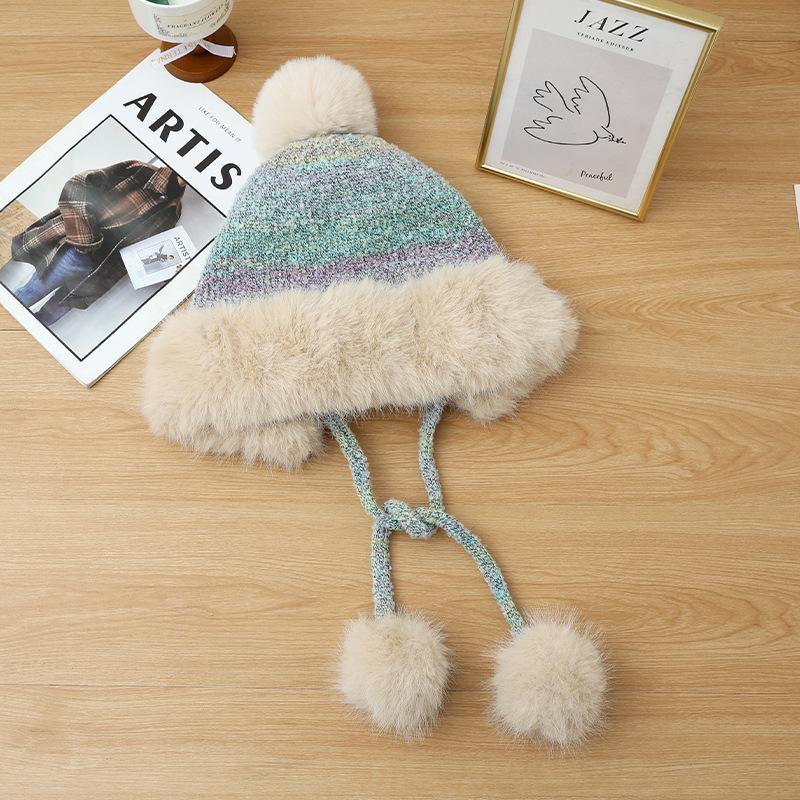 Winter hat women's retro knitted hat fleece thickened ear protection cold wool hat cute rabbit hairball thermal hat