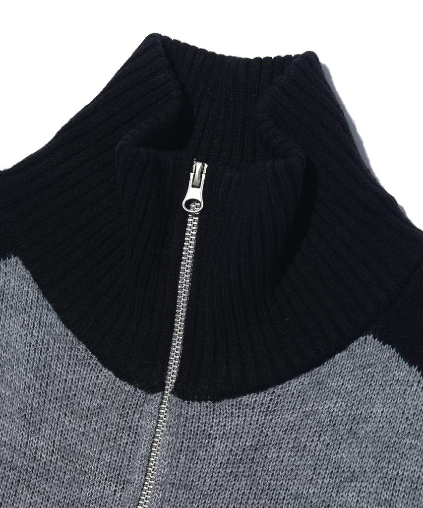 Eonoideu Color Block Jacquard High-Neck Knit Zip-Up Lq5Su516_Melange Grey