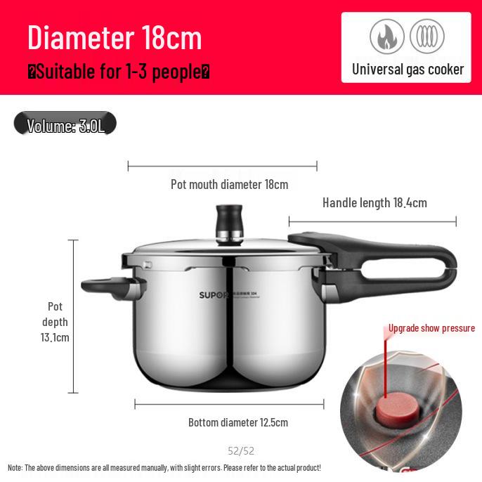 Supor 304 Stainless Steel Safe High-Pressure Cooker, Explosion-Proof, Fast Cooking, Compatible with Induction Cooktops. 90Kpa Red Pressure Indicator