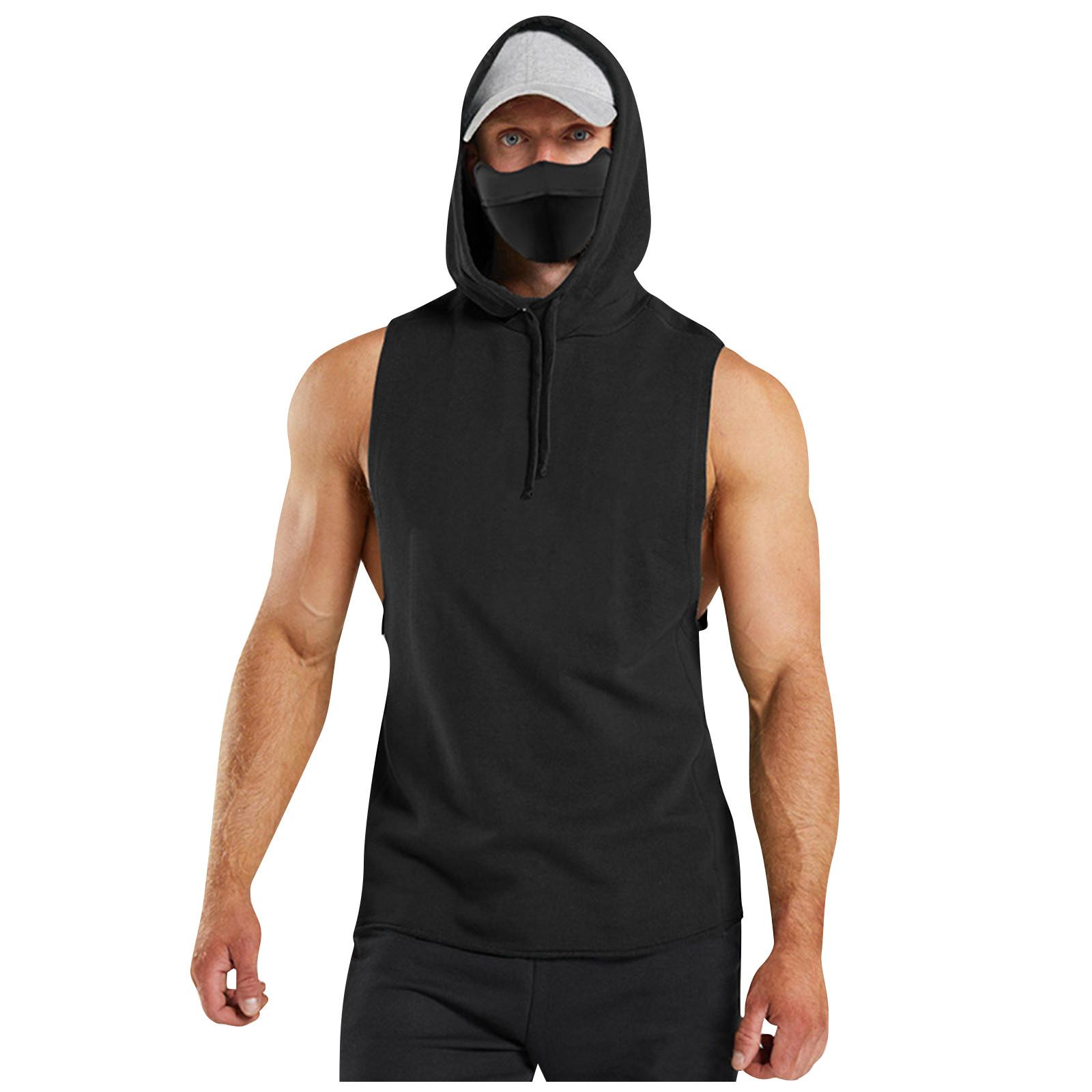 

Мужская весенне-летняя однотонная майка без рукавов с капюшоном в стиле ретро XL чёрный