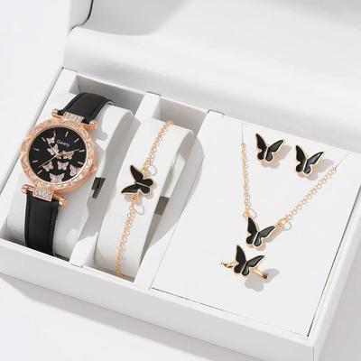 6/1 Stuks Set Dames Horloge Ring Ketting Oorbellen Armband Set Horloges Vlinder Leren Band Dames Quartz Polshorloge