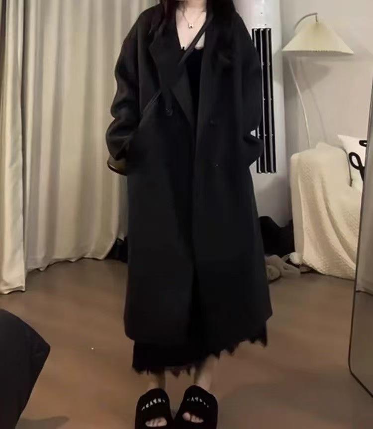 Women's Petite Mid-Length Thickened Black Wool Coat – Versatile, High-End Feel for Autumn & Winter