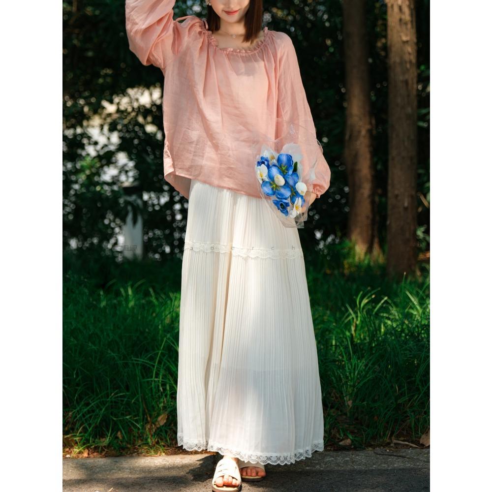 Dimanaf 2025 Summer Women New Skirts Chiffon Solid Lace Pleated Elastic Waist Mesh Elegant Skirts