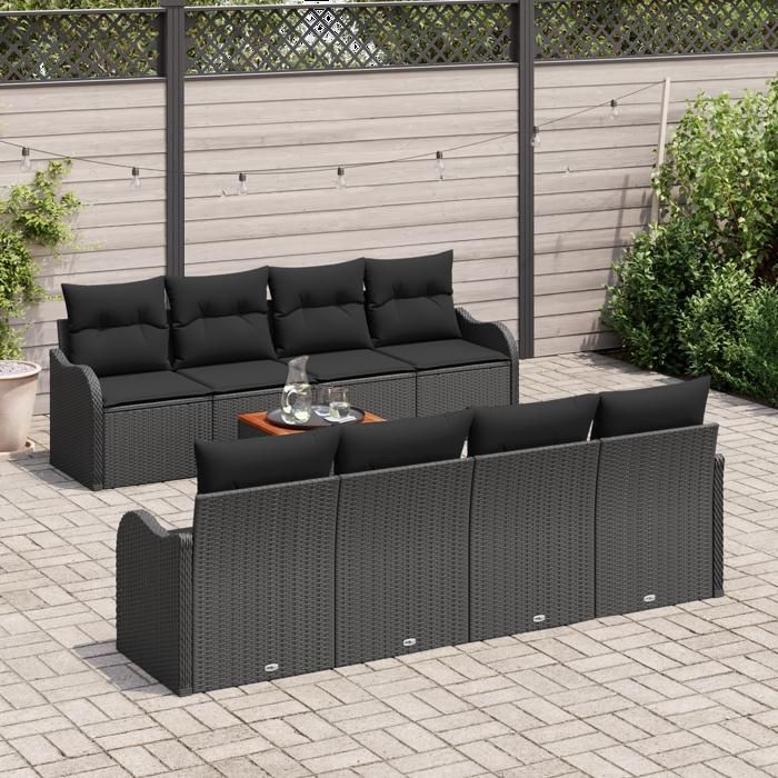 Set de canapé de jardin 9 pièces avec coussins noir poly rotin acacia, Canapé de jardin 2 places avec coussins noir poly 3347429