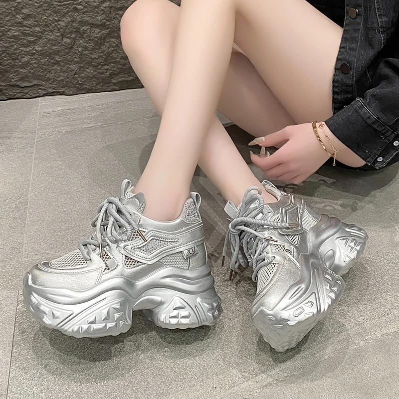 10CM Women Casual Platform Sneakers Mesh High Heels New Summer Sports Leather Shoes Bling Trainers Chunky Sneakers Zapatos Mujer