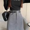 Plus Size Grey Casual Suit with High Waist Slimming Straight Midi Skirt, Versatile Long A-line Skirt for Women 2024