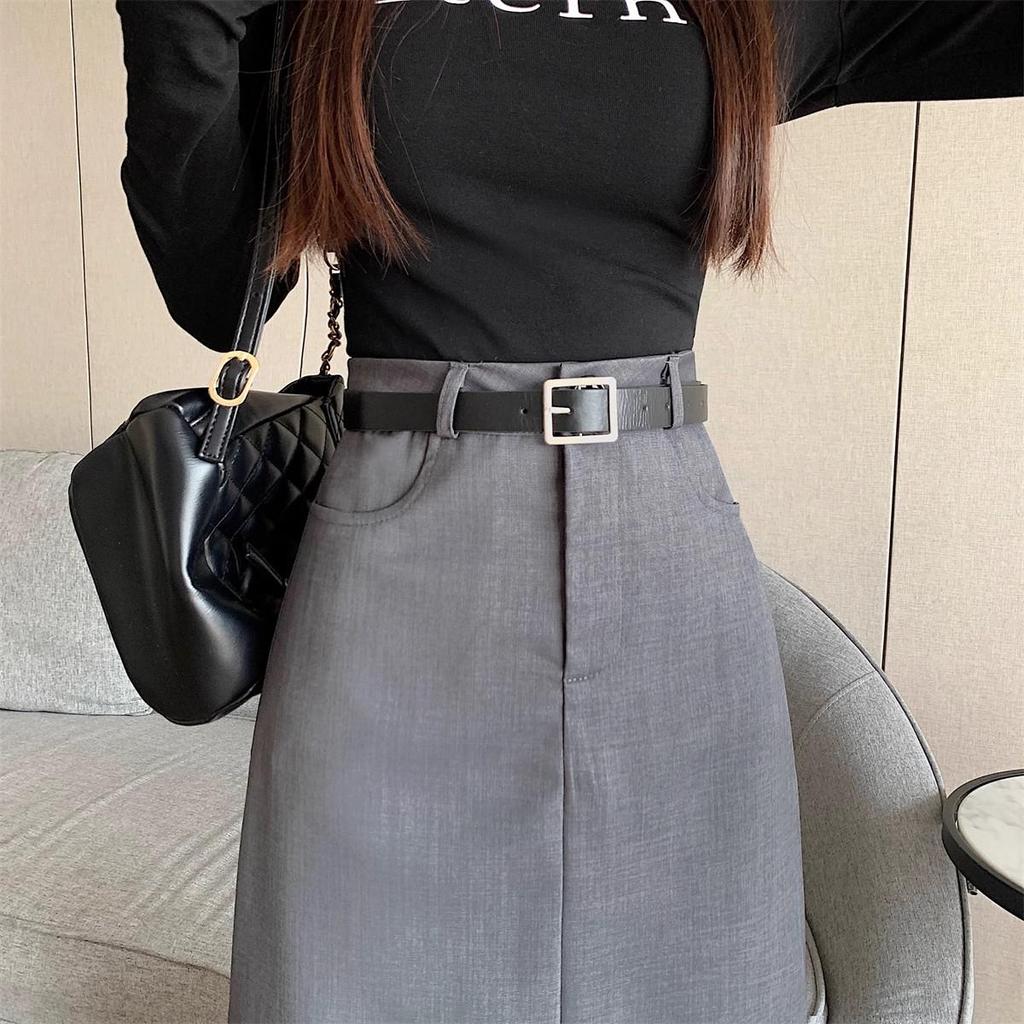 Plus Size Grey Casual Suit with High Waist Slimming Straight Midi Skirt, Versatile Long A-line Skirt for Women 2024