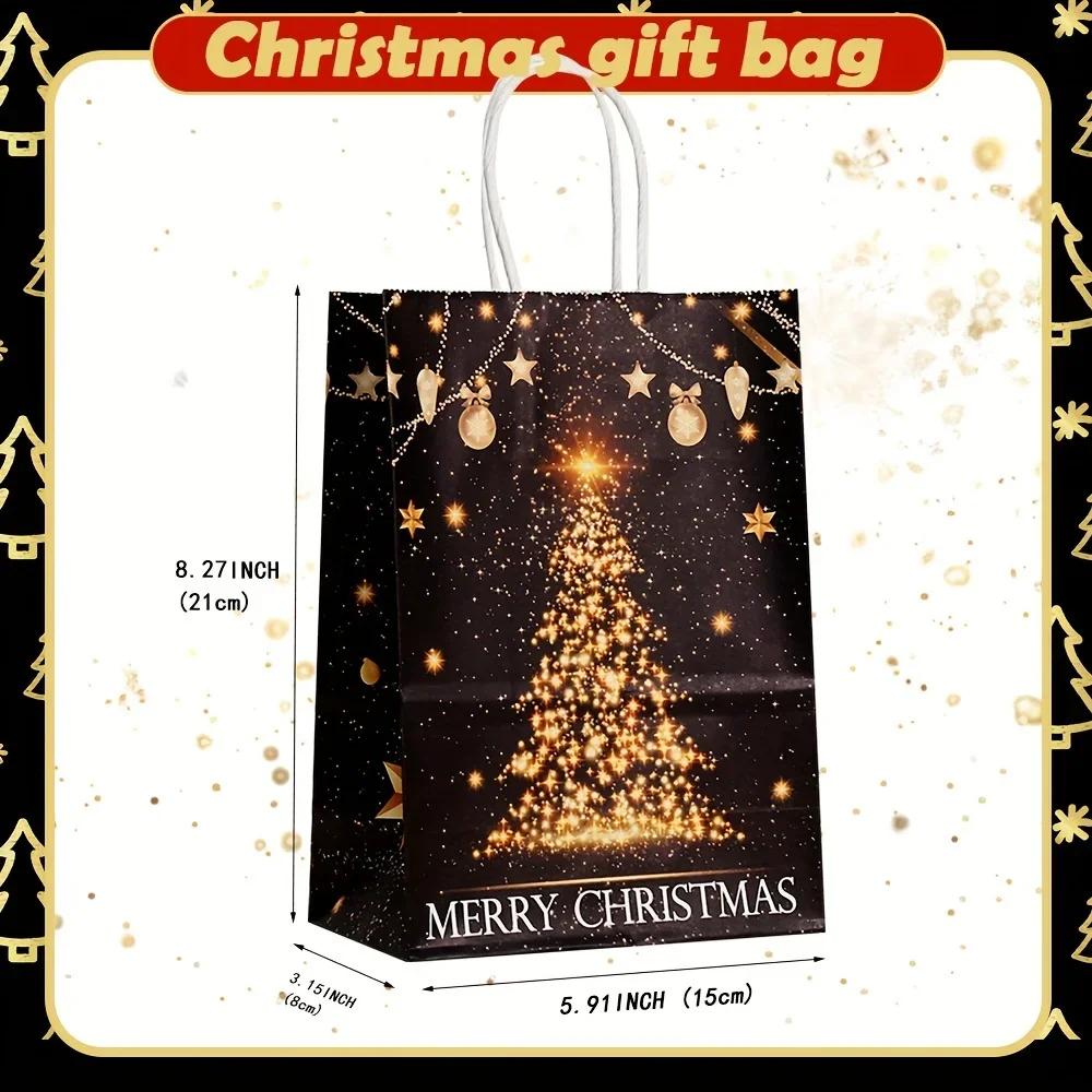 6/12Pcs Gold Black Kraft Gift Bags with Handle Elk Snowflake Christmas Tree Bronzing Paper Bag Merry Christmas Party Favors Bag