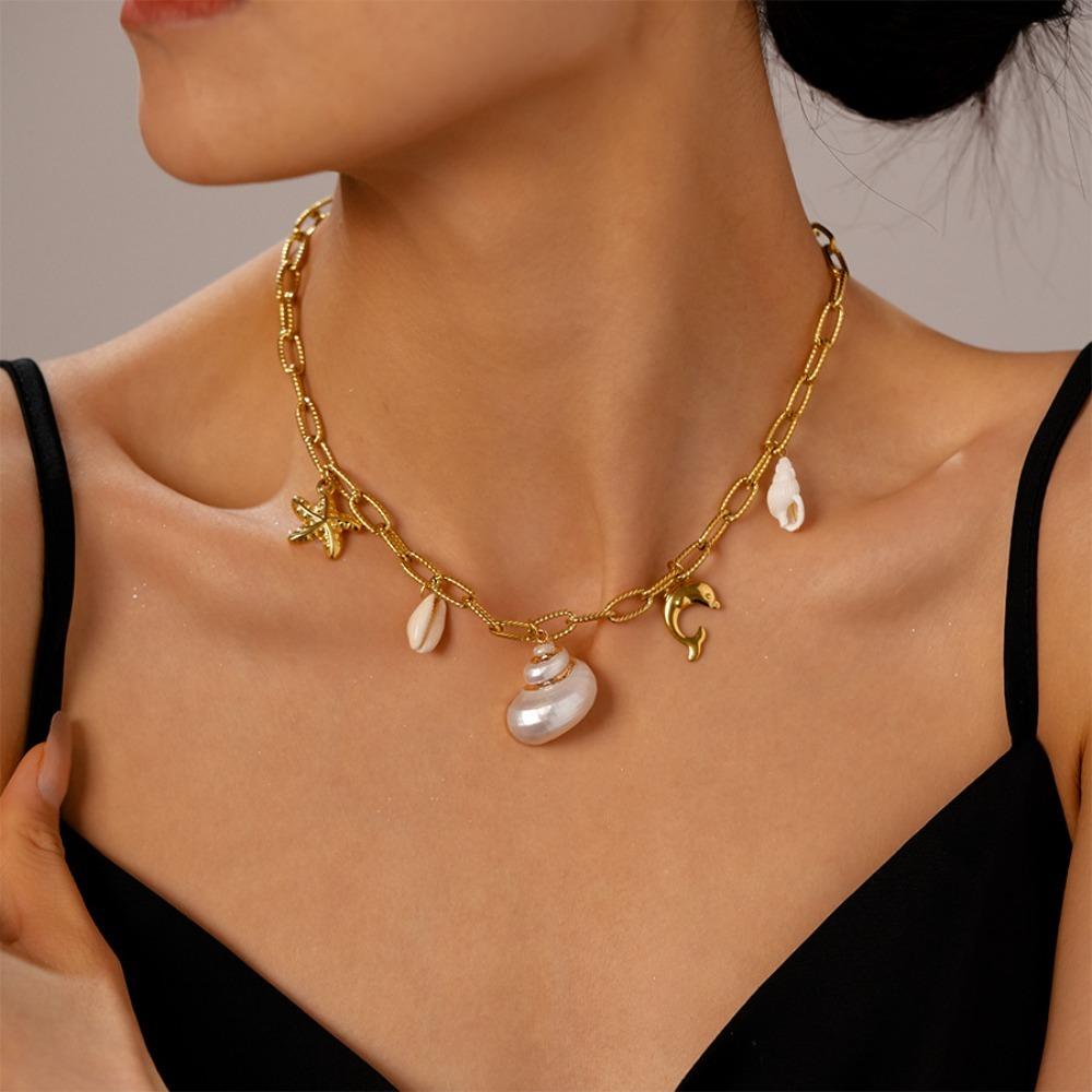 Turquoise Shell Starfish Necklace Titanium Steel Starfish Beach Earrings  Women Daily