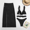 Sexy Solid Bikini Mesh Long Skirt 3 Piece Set for Women Split Swimsuit Beach Bikini New Summer Swimwear Bikini Set