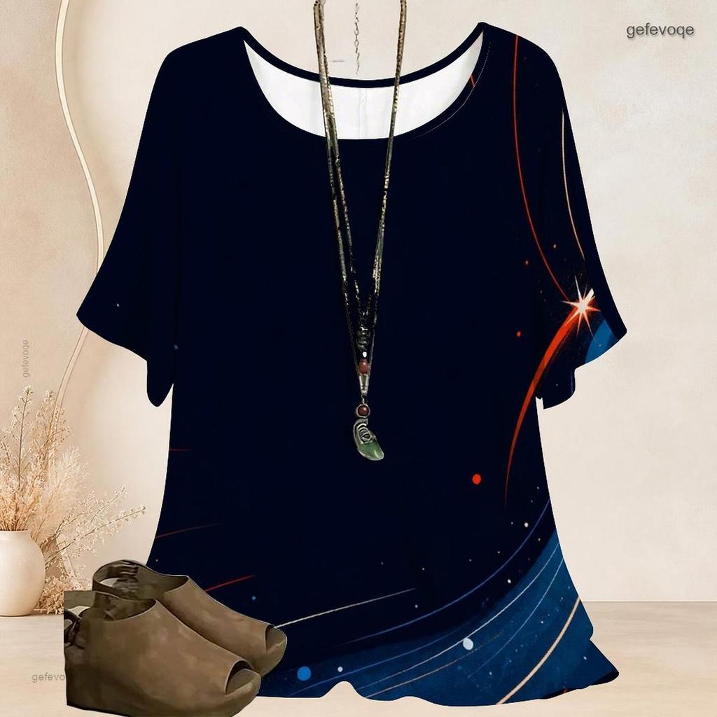 Women Plus Size Round Neck Batwing Short Sleeve Top Star Planet Cosmic Wave Print Loose Casual Tunic Blouse