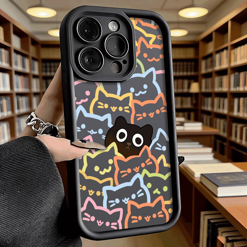Colorful Cat Pattern with Black Cat Soft TPU Phone Case for iPhone 17 16 15 14 13 12 11 Pro Max Plus Shockproof Anti-Slip Cover