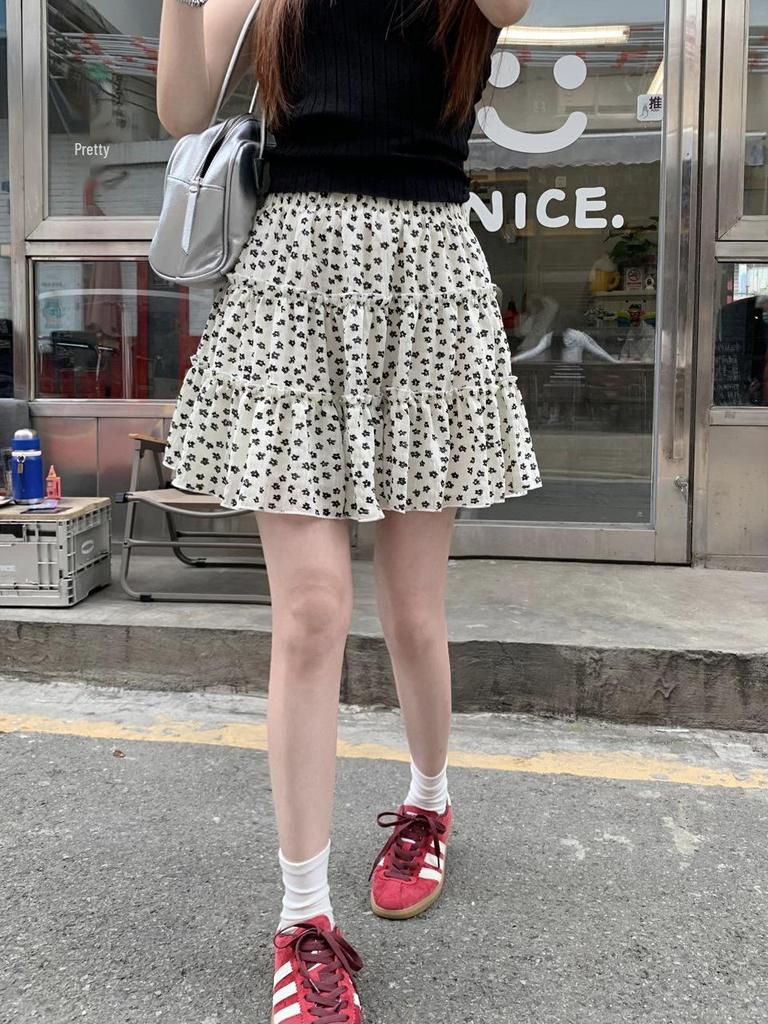 Women's French Floral A-line Cake Skirt - Summer Korean Style, High Waist, Slimming, Elastic Waist, Petite Half Skirt