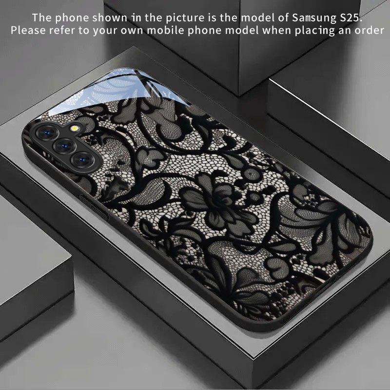 Stylish Elegant Black Lace Glass phone case fashion phone cases mobile phones for Samsung Galaxy S26 S25 S24 S23 FE Ultra Plus