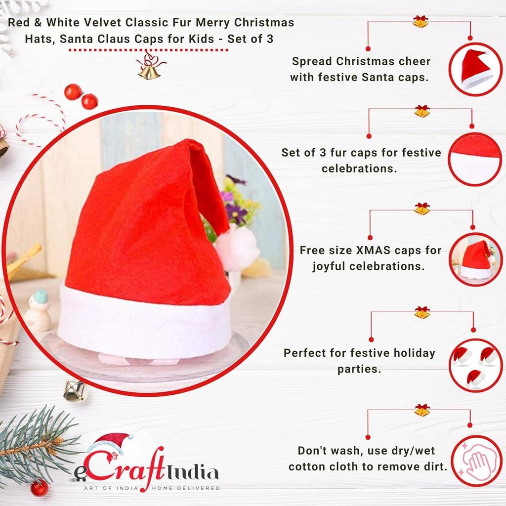 Red White Velvet Classic Fur Merry Christmas Caps (Set of 3) Santa Claus Hats for Kids Babies Adults Caps Santa Claus Hats Christmas Tree Decoration