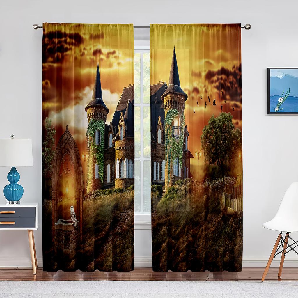 Medieval Castle In Winter Scenery Sheer Curtains for Living Room Bedroom Decor Window Tulle Curtain Transparent Chiffon Curtains