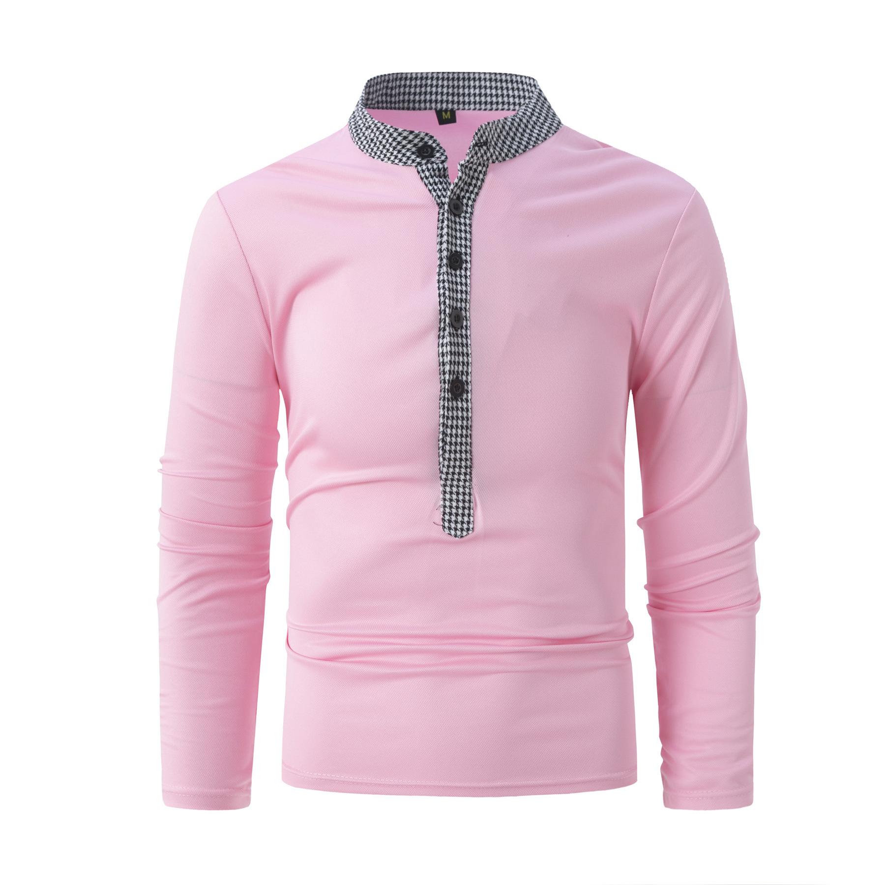 

Мужская рубашка-поло с длинным рукавом в клетку, футболка с воротником-стойкой, весна-осень, повседневный топ для мужчин XXL розовый