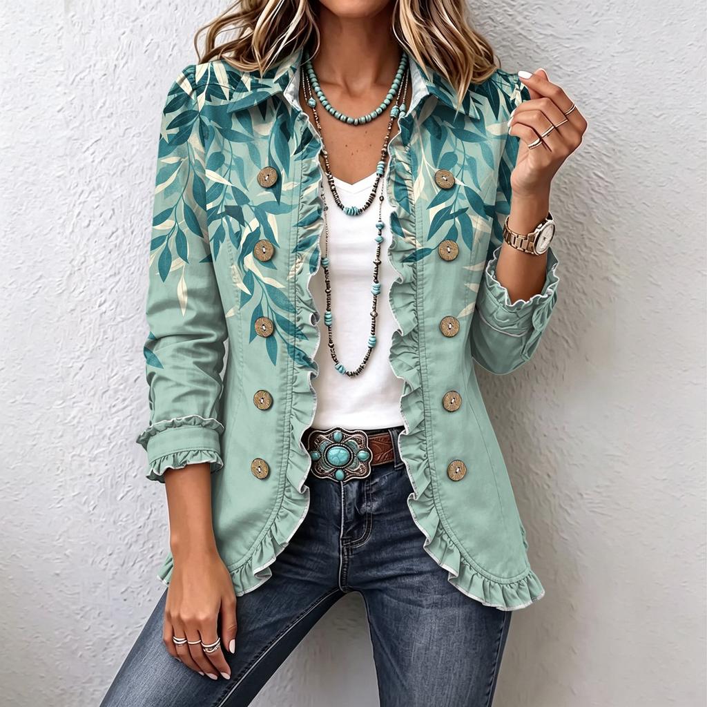 Women's Floral Print Cardigan, Long Sleeve Ruffle Open Front Top, Casual Outerwear for Spring and Fall
