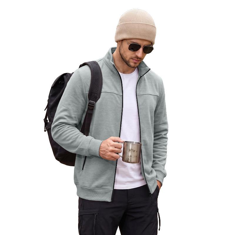 Men's Stand Collar Fleece Lined Zip Jacket Side Pockets Outdoor Casual Top.