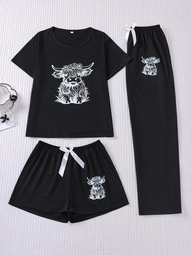Kälberdruck 3-teiliges Set: Kurzarm-Oberteil, Shorts & Hosen - Niedliche und bequeme Homewear