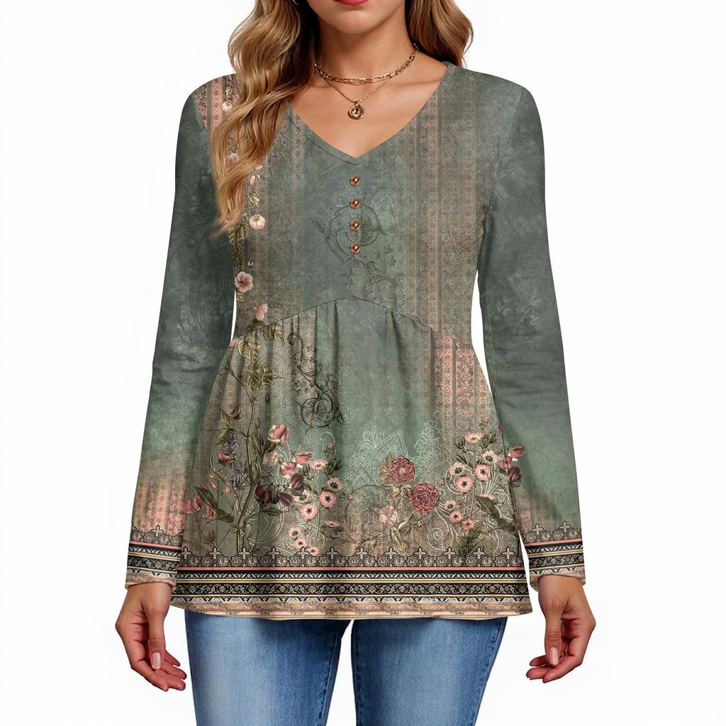 Women's Casual Fashion V-Neck Button Retro Floral Print Long Sleeve Top