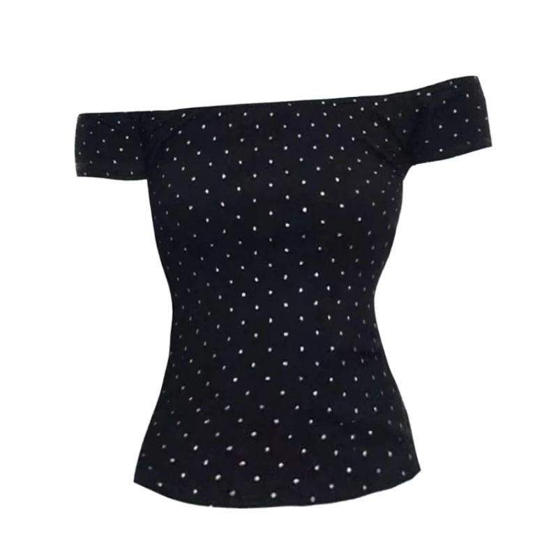 

One-word collar polka dot short-sleeved slim-fit T-shirt women s summer Spice Girl design sense retro color short off-the-shoulder versatile top XL