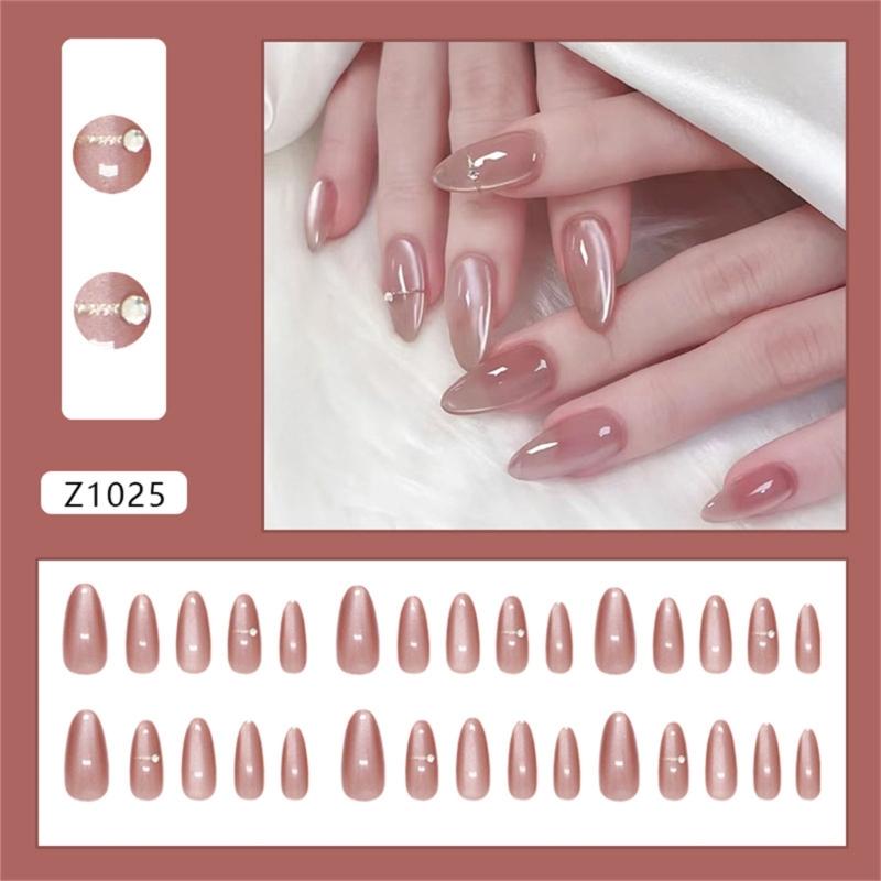 24 Pcs Glossy Full Cover Stick On Nail Almond Shape False Nail Simple Press On Nail Rhinestones Artificial Nail