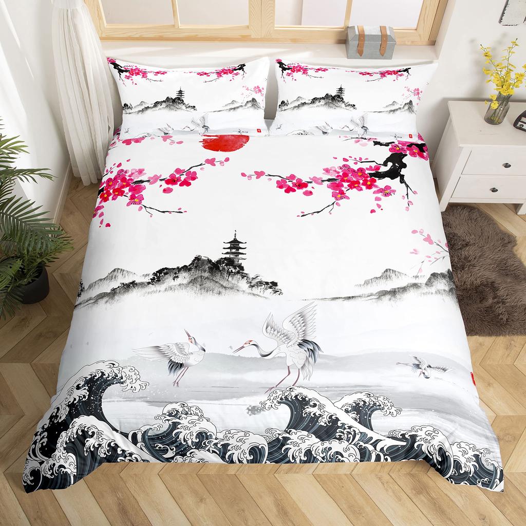 Feelyou Cherry Blossoms Bedding Set Chic Crane Duvet Cover for Kids Girls Women Ocean Wave Decor Comforter Cover Pink Japanese Ukiyoe Theme