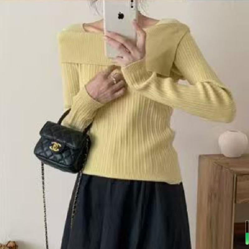 One-word Shoulder Sweater High-end Knitted Bottoming Shirt for Women's Autumn and Winter with High Waist Off-the-shoulder Long-sleeved Autumn Top