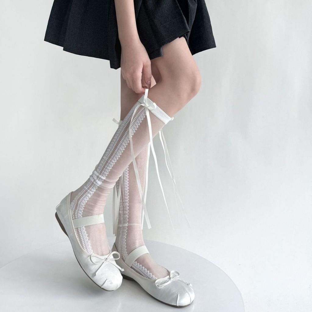 Sommer Ultra Dünne Streamer Schleife Spitze Wadenstrümpfe für Damen Cremeweiß JK Kristallseide Süße Socken