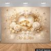 2D Champagner Gold Mr & Mrs Ehering Weiße Rose Taube Wandteppich Hochzeitsfoto Hintergrundtuch