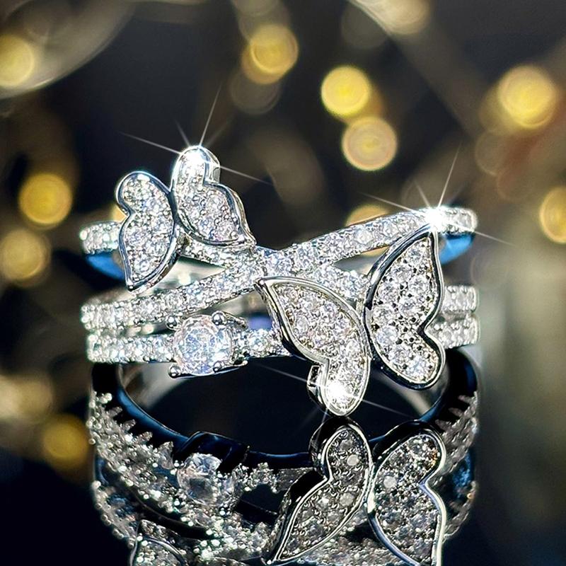 Huitan Romantic Rings with Double Butterfly Shiny Cubic Zirconia Finger Accessories Sweet Exquisite Graceful Jewelry for Wedding