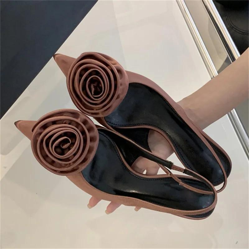 Fashion Eilyken Satin Slingback Women Pumps Sexy Design Flowers Pointed Toe Thin High Heels Banquet Wedding Mule Ladies Shoes