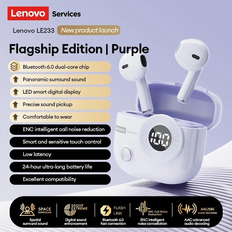 Original Lenovo LE233 Wireless Earphones HD Call Zero Lag Bluetooth 6.0 Headphone Long Battery Life Level Display Game/Music Dual-Mic Earbud