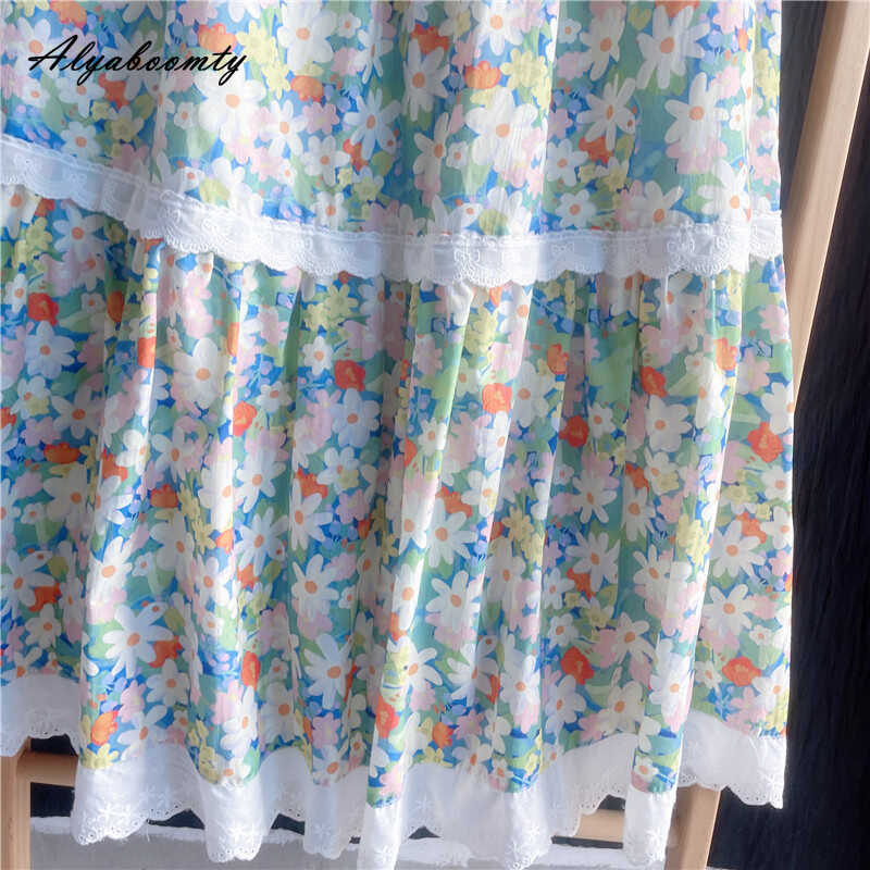 Mori Girl Sommar Kvinnor Blommig Semesterkjol Hög Midja Utskuren Lapptäcke Bomull Elegant Söt A-linjekjol