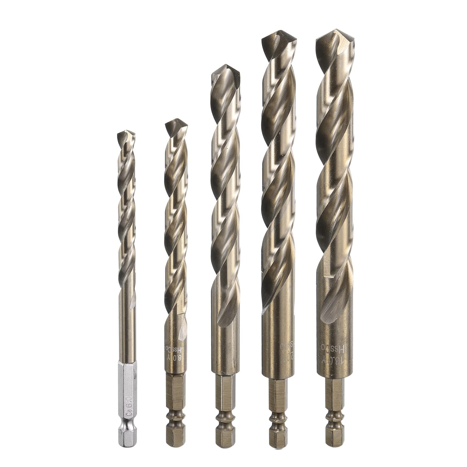 

uxcell M35 High Speed Steel Cobalt Twist Drill Bit Set Quick Change Hex Shank Jobber Drill Bits for Zinc Alloy 6/8/10/12/13mm, 1/4 Metal, Steel,