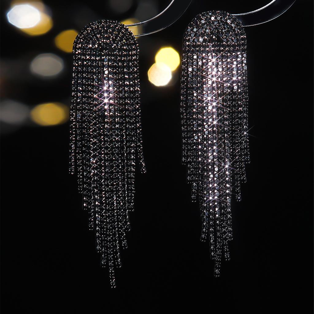 Stylish black electrophoresis long fringed earrings