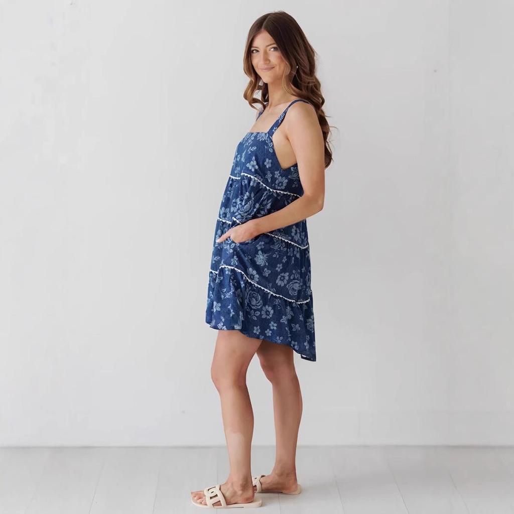 25th Anniversary Cross-Border A-Line Denim Dress - Women's Spaghetti Strap Pleated Backless Tank Top