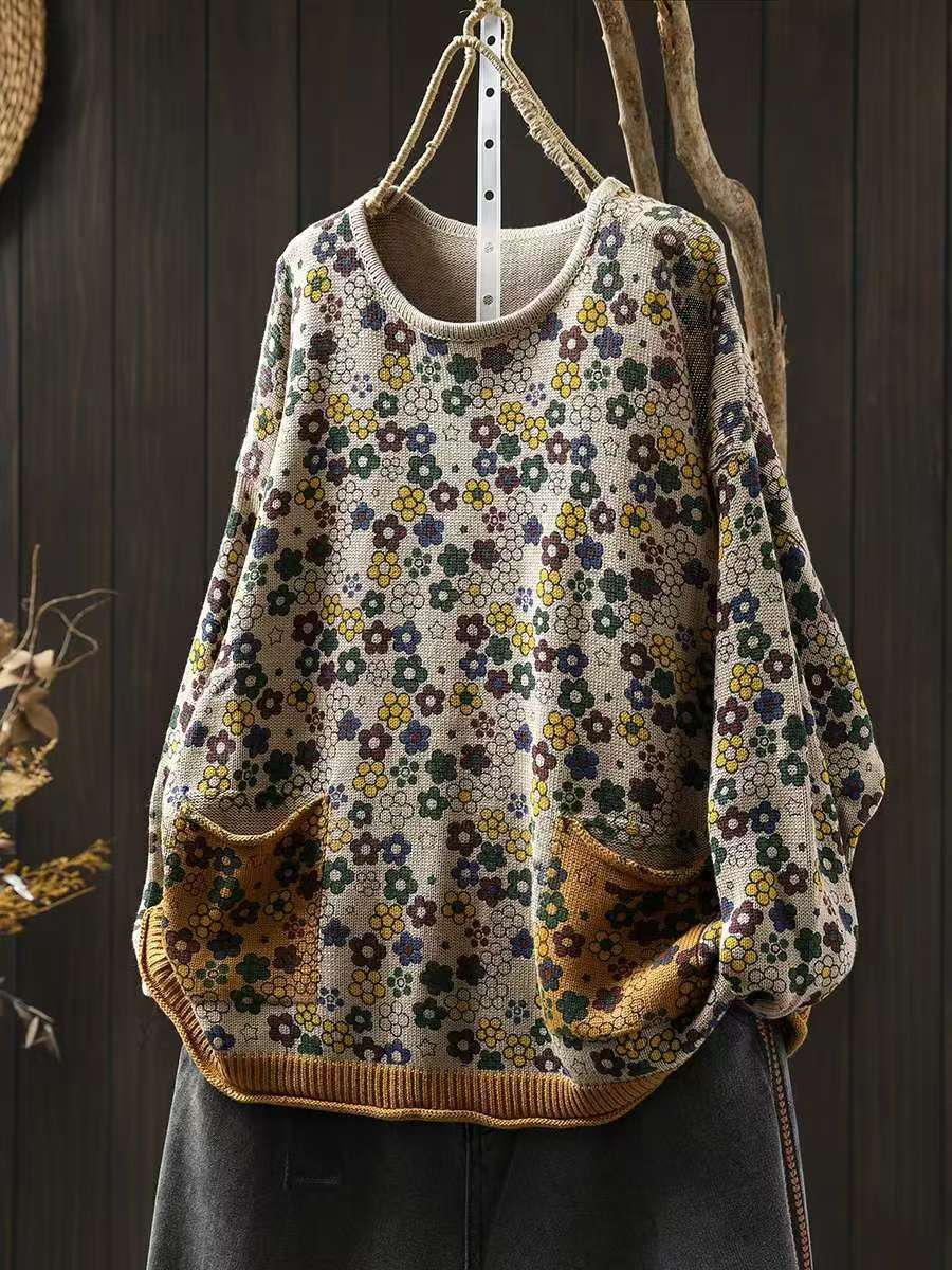 

Johnature Женский Осенний Китайский Стиль Винтажный Принт O-образный Вырез Свободный Свитер Модный Повседневный Длинные Рукава Повседневный Свитер One Size хаки