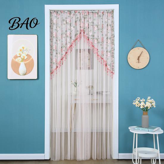 Polyester Sheer Window Dressing Lace Door Curtain, Embroidered Floral Doorway Curtain with Beads, Easy Install Renters Rod Pocket Room Divider
