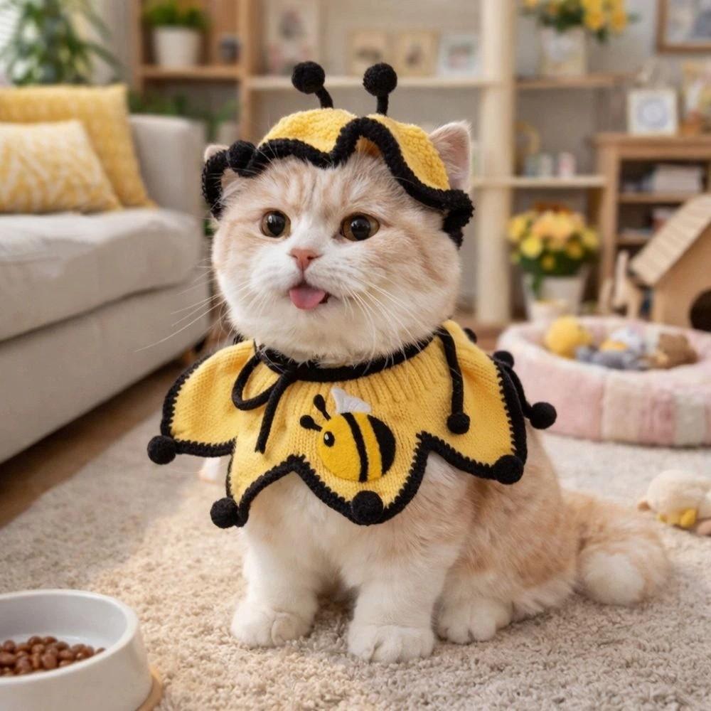 Cat Headgear Elastic Pet Knitted Hat Comfortable Bee Shaped Cat Collar Warm Pet Costumes Party Events