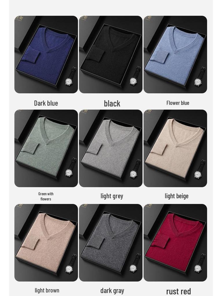 Men's V-Neck Cashmere Sweater, Plus Size, Long Sleeve, Solid Color, Wool Knit, 2023 Autumn/Winter Collection.