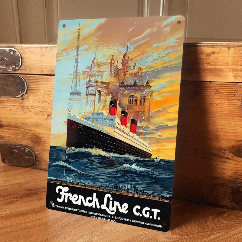 

1 piece of vintage French cruise ship, Eiffel Tower, Parisian architecture tinplate painting, suitable for living room/bar wall (as the picture,20x30cm)