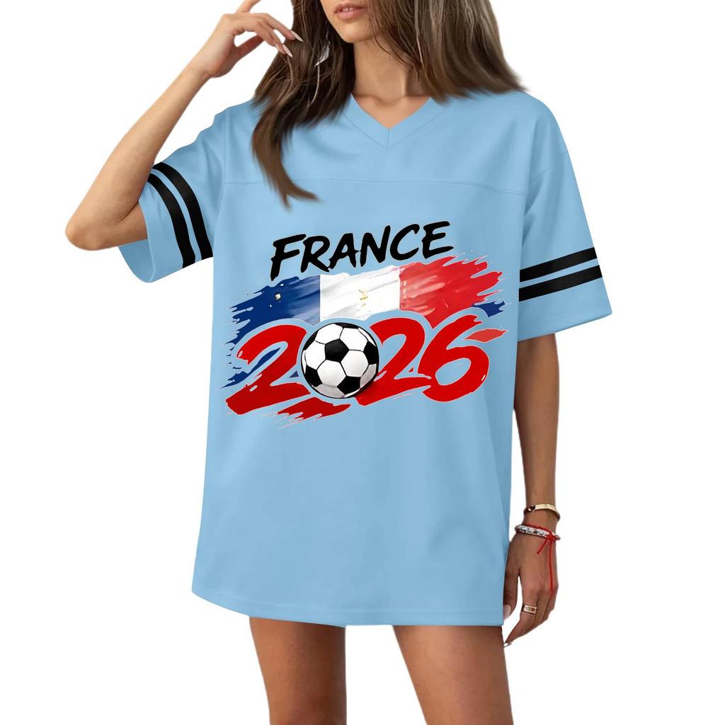 Women V Neck Casual Short Sleeve Sports T Shirt 2026 France Flag Print Loose Fit Football Jersey Top for Everyday Wear