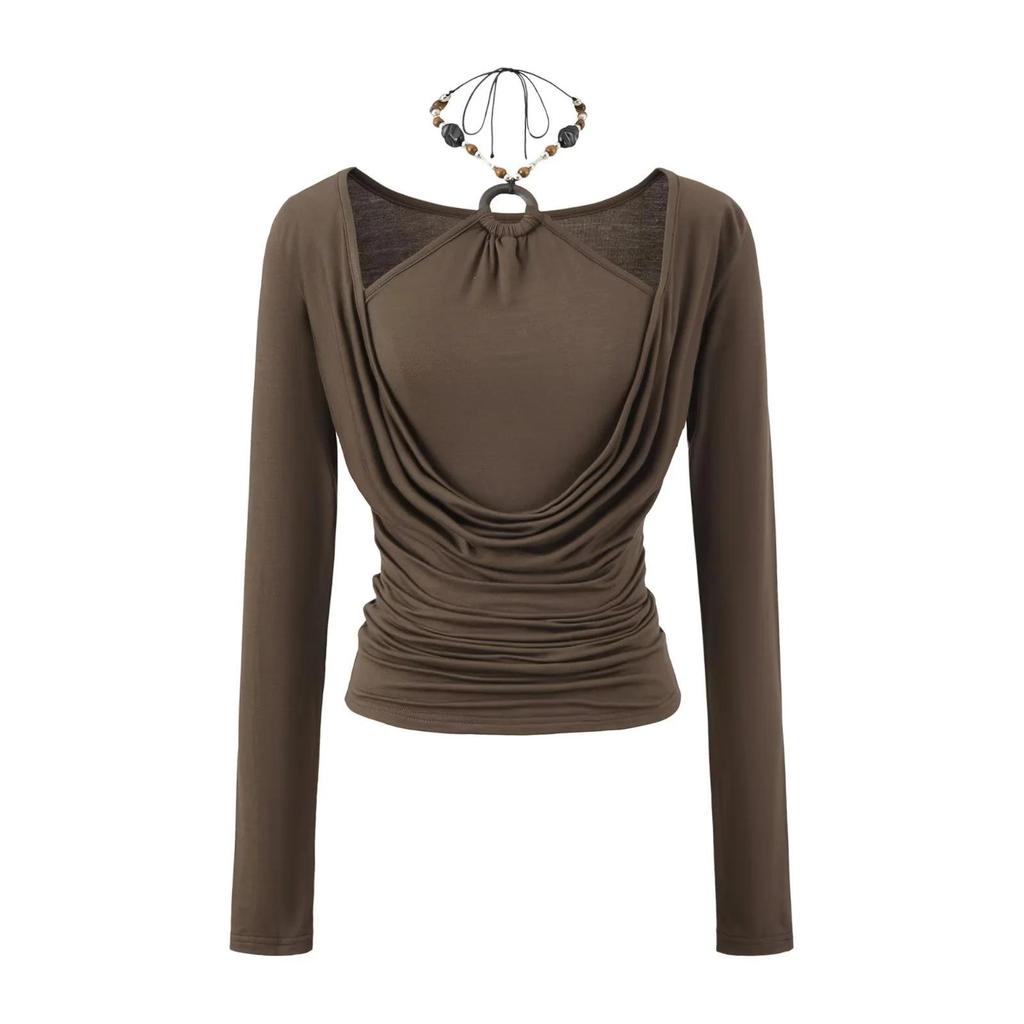 Chic Two-Piece Illusion Halter Neck Beaded Long Sleeve Ruched Top for Fall