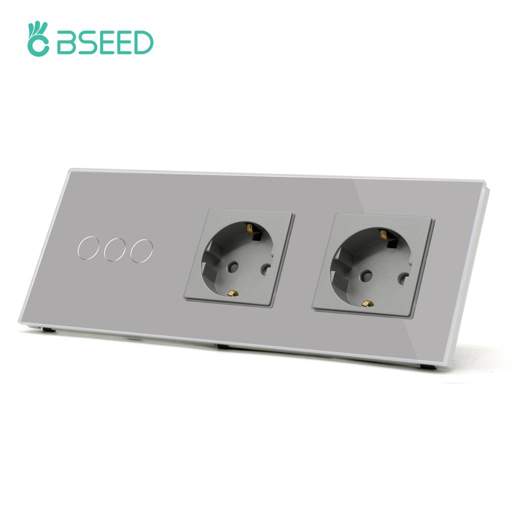 BSEED Touch Sensor Switch 1/2/3Gang 1Way Wall Light Switches Crystal Glass Switch With Double Power Sockets EU Standard