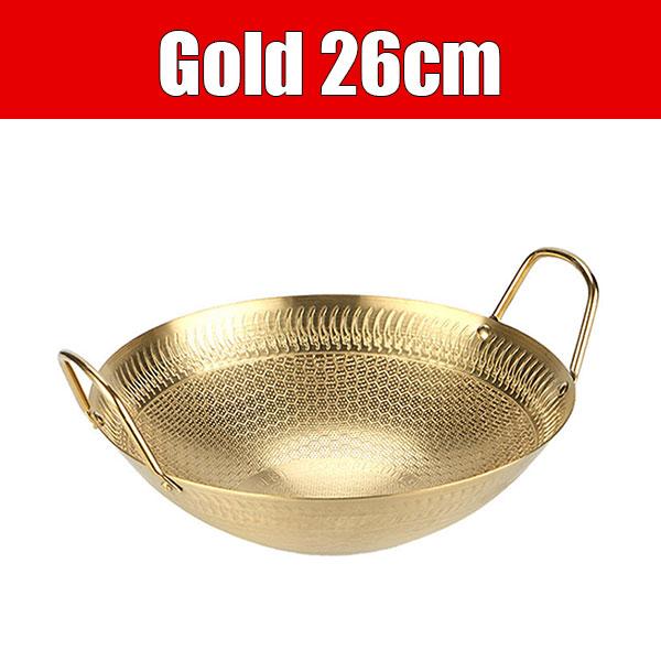Roestvrijstalen Anti-aanbak Wok Grillpannen met Dubbele Handgrepen Ronde Braadschaal Gouden Platen Schaal voor Thuis Kamperen