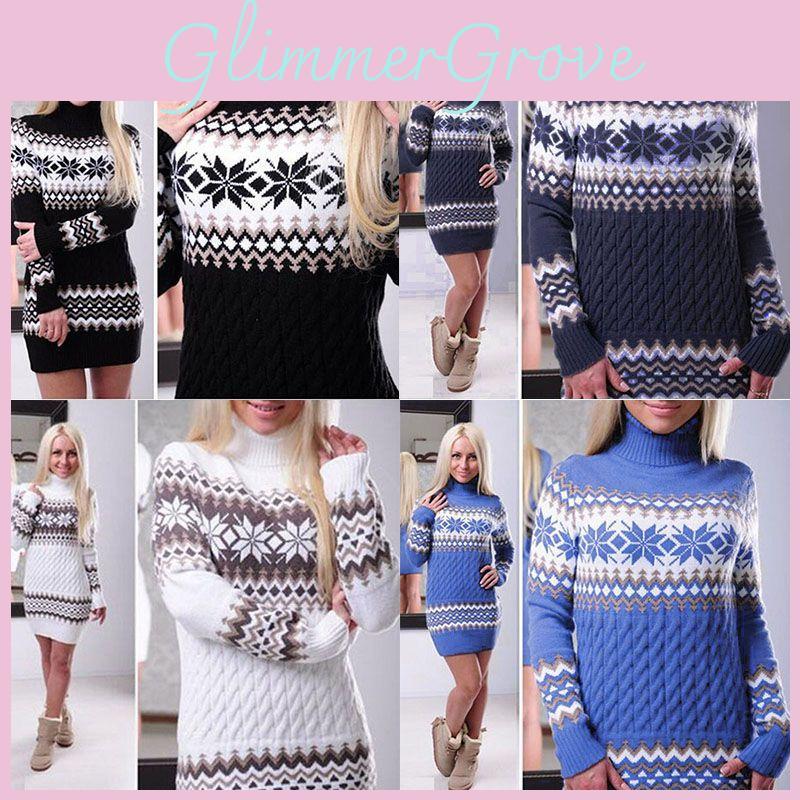 Elegant Christmas Woman Turtleneck Sweater Dress With Festive Snowflake Pattern