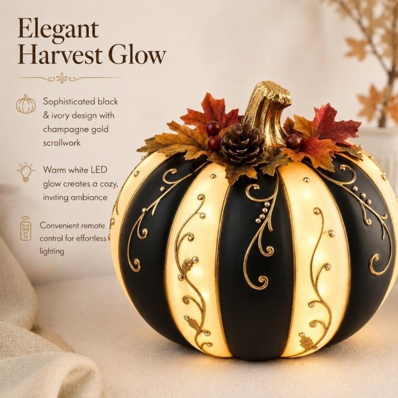Battery-Operated Lighted Pumpkin Decors with Warm Glowing, Resin Body, Pinecones and Fall Leaf Accent for Halloween and Thanksgiving Displays