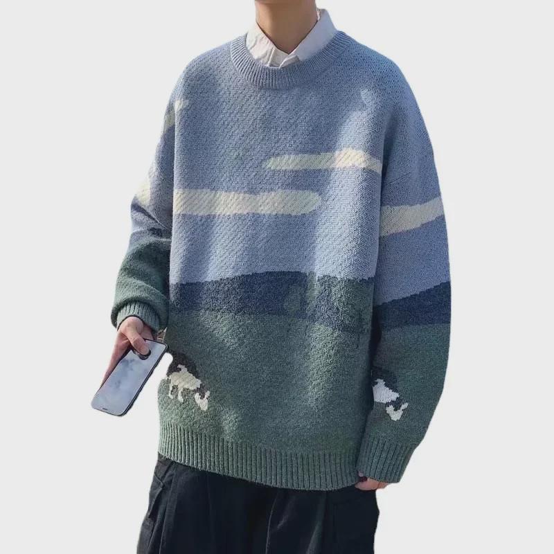 Japanese Trendy Cow Print Knitted Pullover for Men